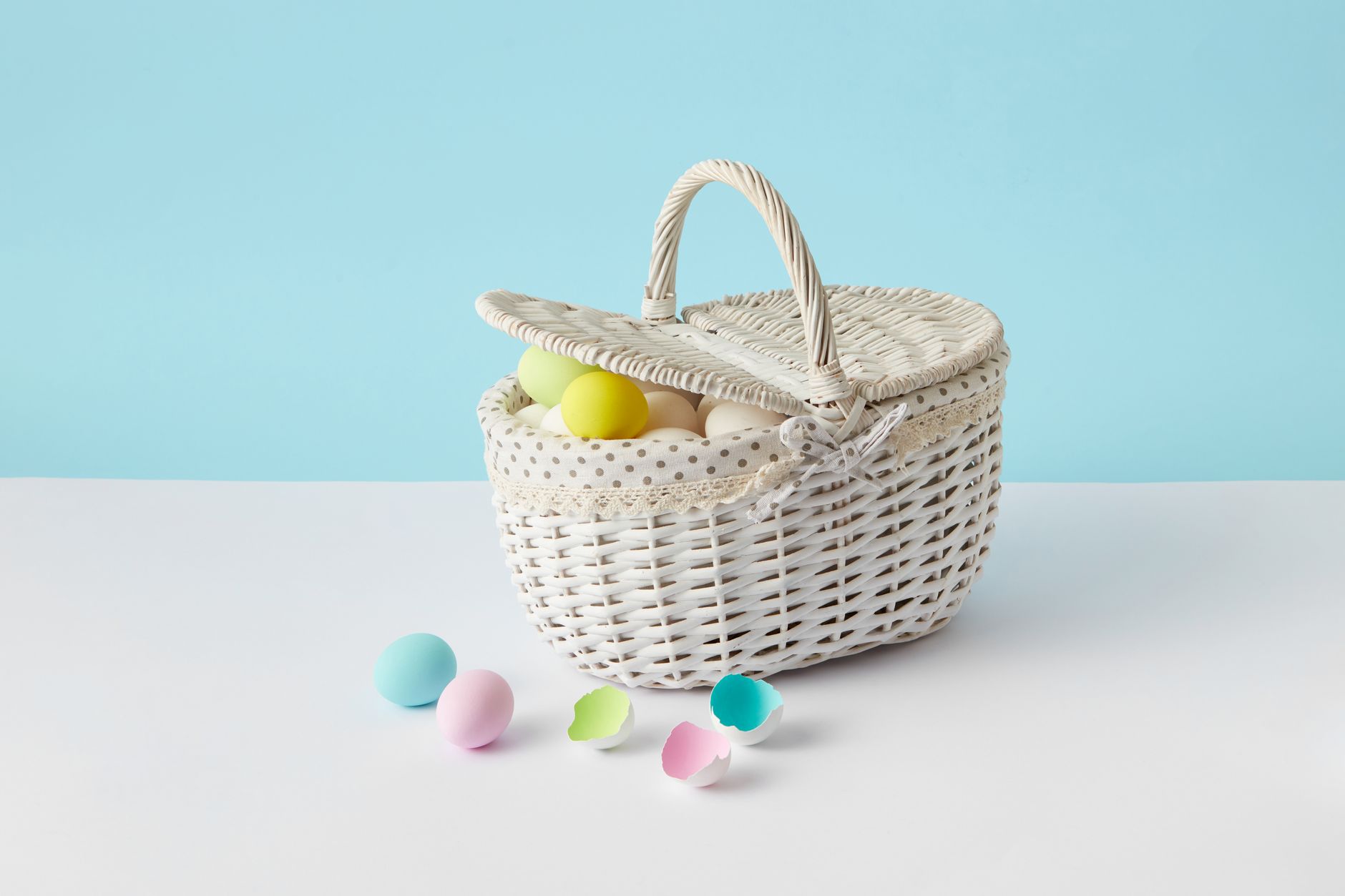 EASTER — a basket used for Easter/egg hunting shown filled with eggs.